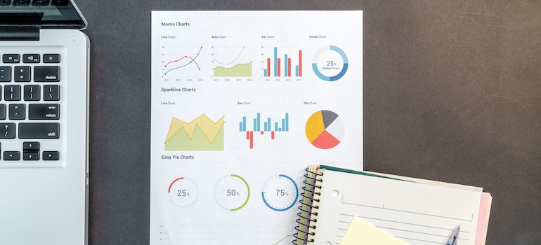 A laptop with data charts and graphs next to it.